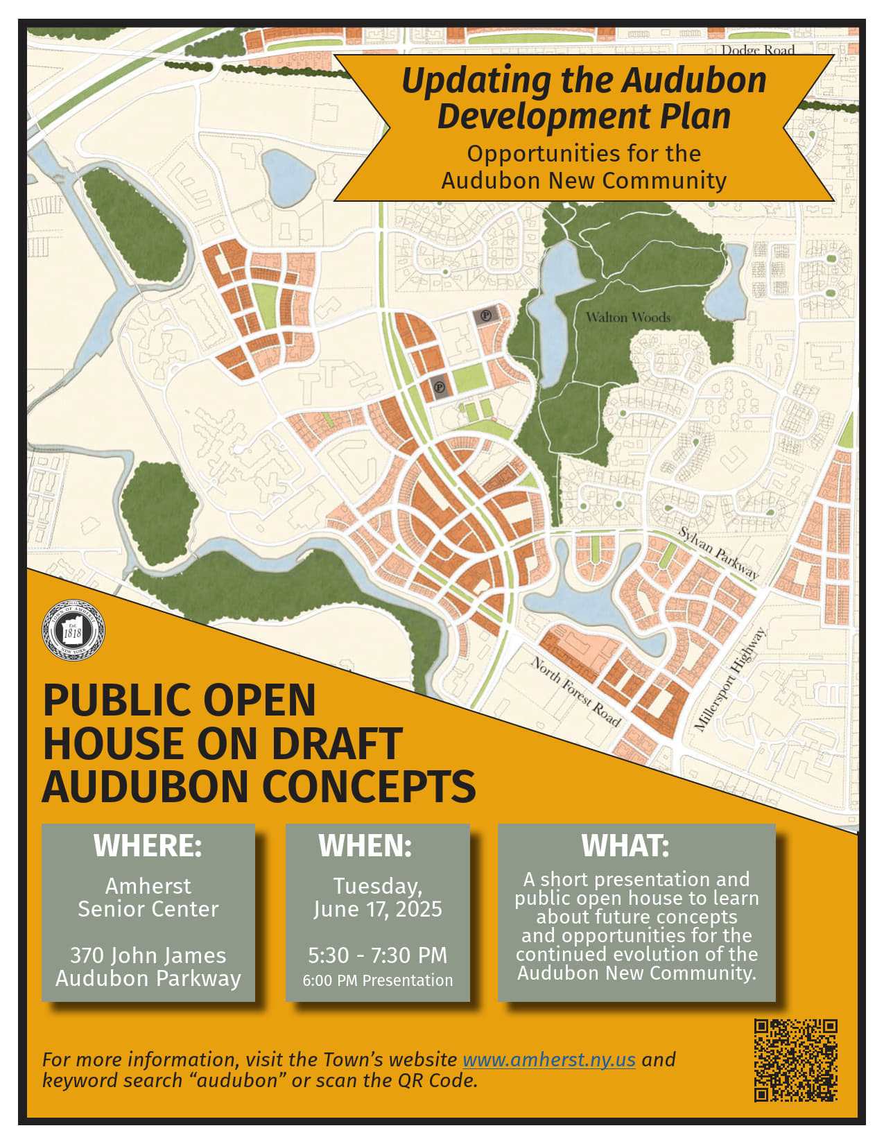 audubon development plan open house on draft concepts - june 17, 2025 from 5:30 pm to 7:30 pm - senior center 370 john james audubon parkway. A short presentation will be given at 6:00 pm and public open house to learn about future concepts and opportunities for the continued evolution of the Audubon New Community